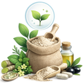 A styled product illustration of herbal supplement ingredients on a white background, including a burlap sack of powder, wooden scoops, capsules, a small bottle of golden liquid, green leaves, and a circular badge with a green sprout.