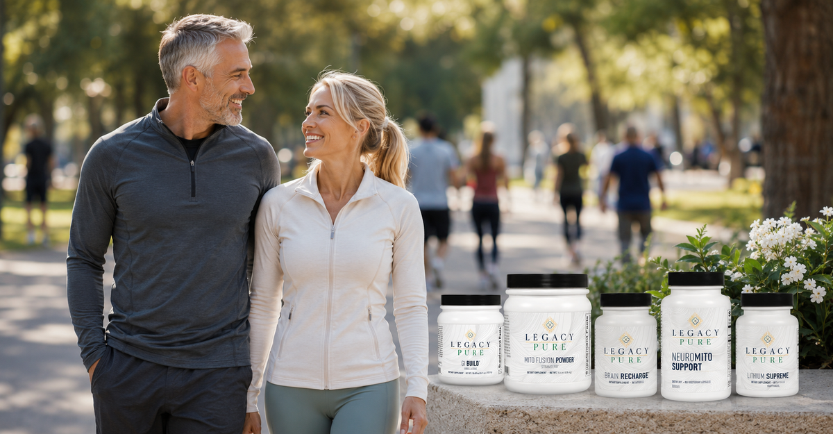 A man and woman stand outdoors in a park-like setting next to a display of Legacy Pure supplement jars. The man wears a dark gray long-sleeve athletic top, and the woman wears a white zip-up jacket and gray leggings.