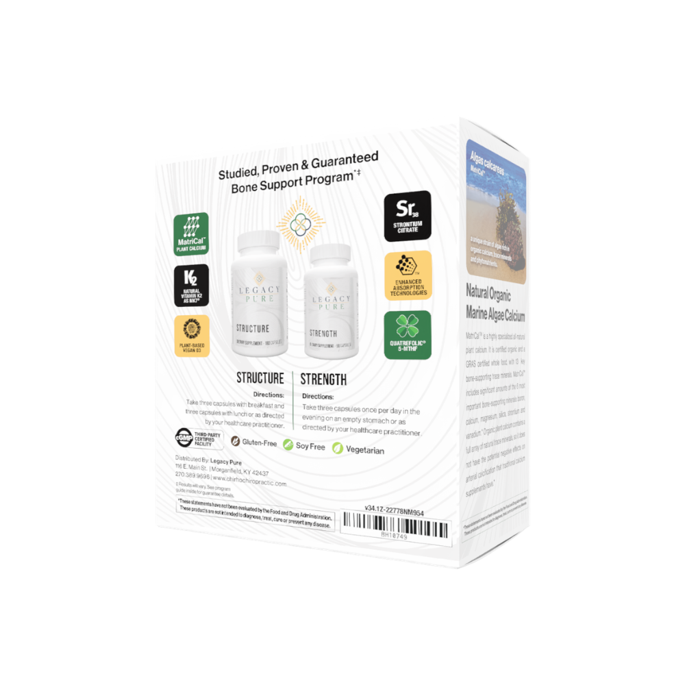 The back of a white product box for the Scenic Roots Bone Support Program, featuring product details, ingredient icons, and certification badges on a white background.