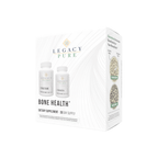 Legacy Pure Bone Health dietary supplement box showing two white bottles on a clean white background.