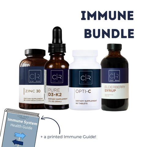 Immune Support Bundle includes Elderberry Syrup, Zinc 30, Opti-C & Pure D-3-K-2. A printed Immune Guide is also included. 