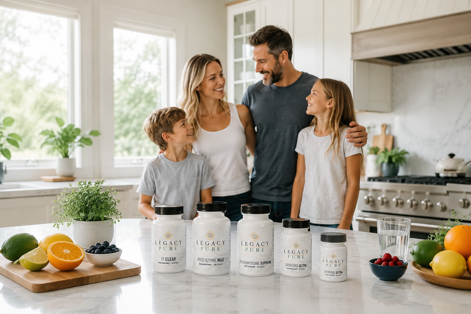 A family of four stands in a bright, modern kitchen with Legacy Labs supplement bottles displayed on the counter in front of them.