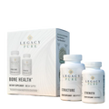 Legacy Pure Bone Health dietary supplement set, featuring a white product box and two white plastic bottles labeled Structure and Strength with white caps, on a plain white background.