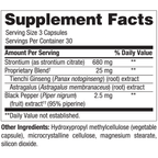 A Supplement Facts label showing a supplement's ingredients list, including Strontium, Tienchi Ginseng, Astragalus, and Black Pepper, with serving size 3 capsules and 30 servings per container.