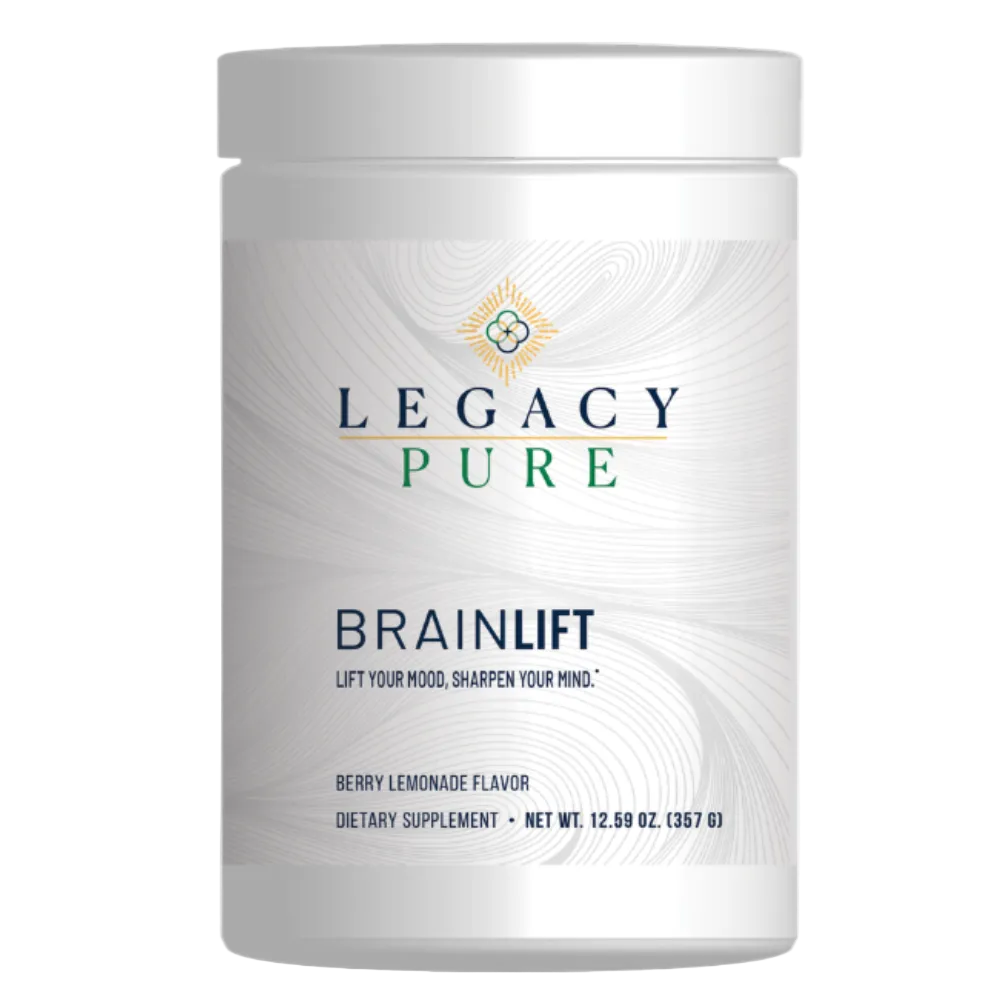 A white plastic tub of Legacy Pure Brainlift dietary supplement with a white label, shown against a plain white background.