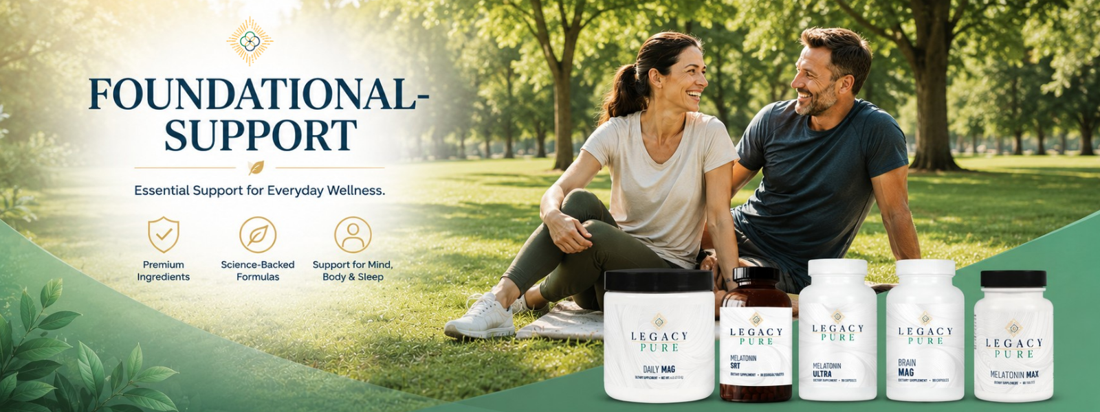 A lifestyle banner featuring a couple sitting on a grassy park lawn, with five supplement bottles from Legacy Pure displayed in the foreground. The left side contains text reading 'FOUNDATIONAL SUPPORT' and product benefits icons.