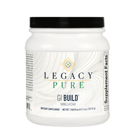Legacy Pure GI Build Vanilla Chai dietary supplement in white container with black lid