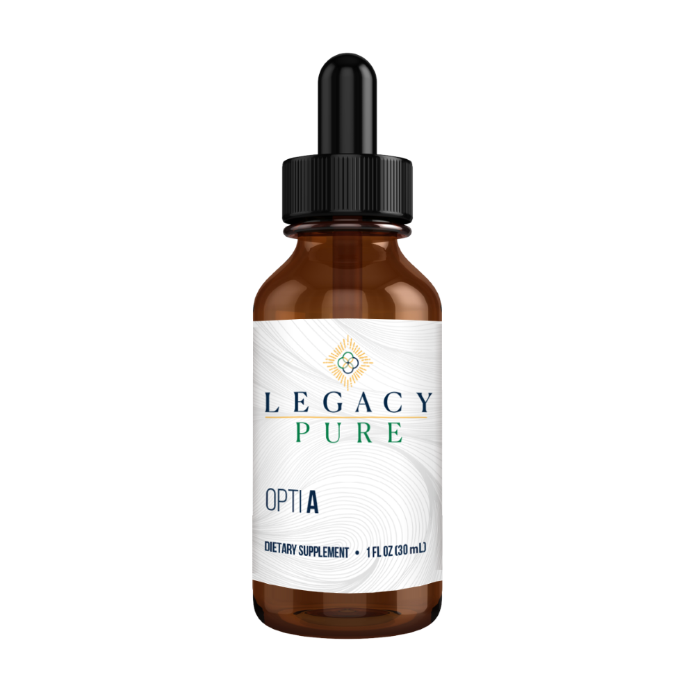 Legacy Pure Opti-A liquid vitamin A supplement in brown glass dropper bottle