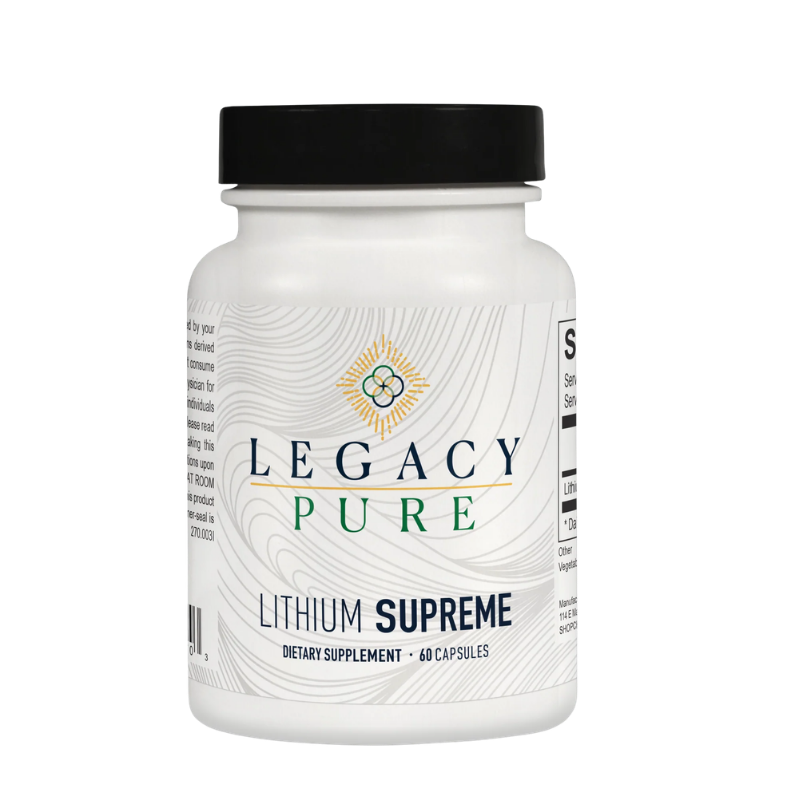 Legacy Pure Lithium Supreme dietary supplement bottle with 60 capsules for brain health