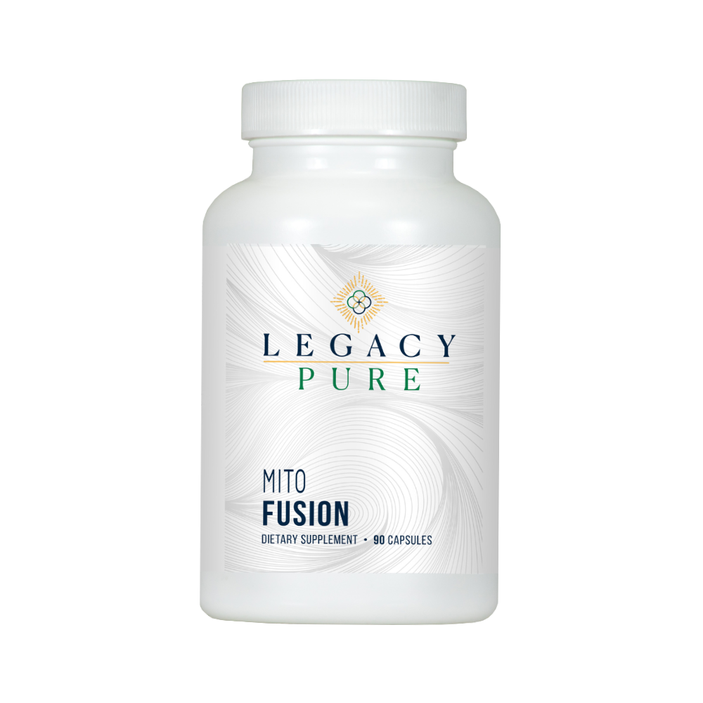 Supplement bottle labeled 'Legacy Pure Mito Fusion' on a white background