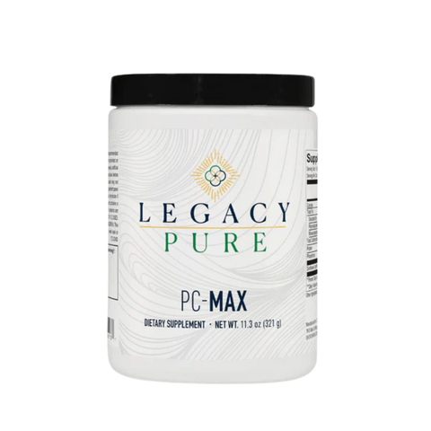Legacy Pure PC Max Powder dietary supplement container with black lid and nutrition label