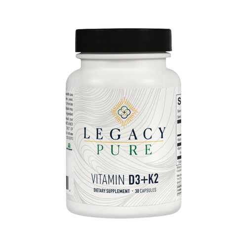 Supplement bottle labeled 'Legacy Pure Vitamin D3+K2' on a white background