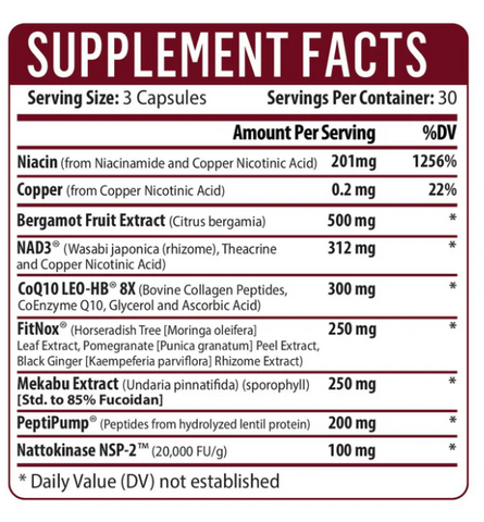 Cardio NAD+ Dietary Supplement Facts