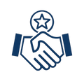 A dark blue line icon depicting a handshake with a star inside a circle above it, on a plain white background.