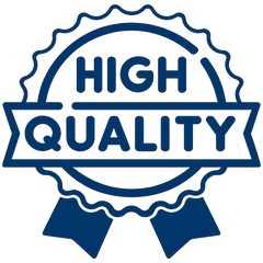 A dark blue circular seal graphic with a ribbon banner reading “HIGH QUALITY".